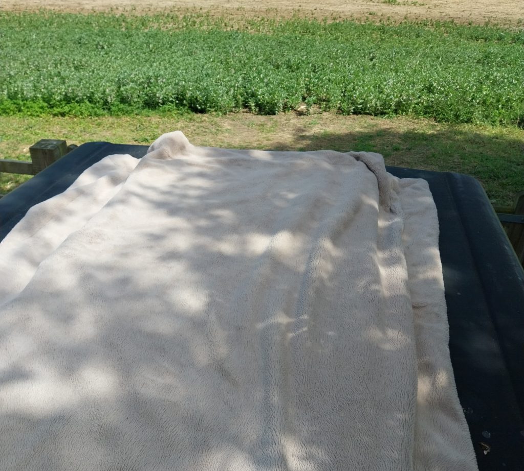 A solar panel on top of a campervan, covered with a furry beige blanket.